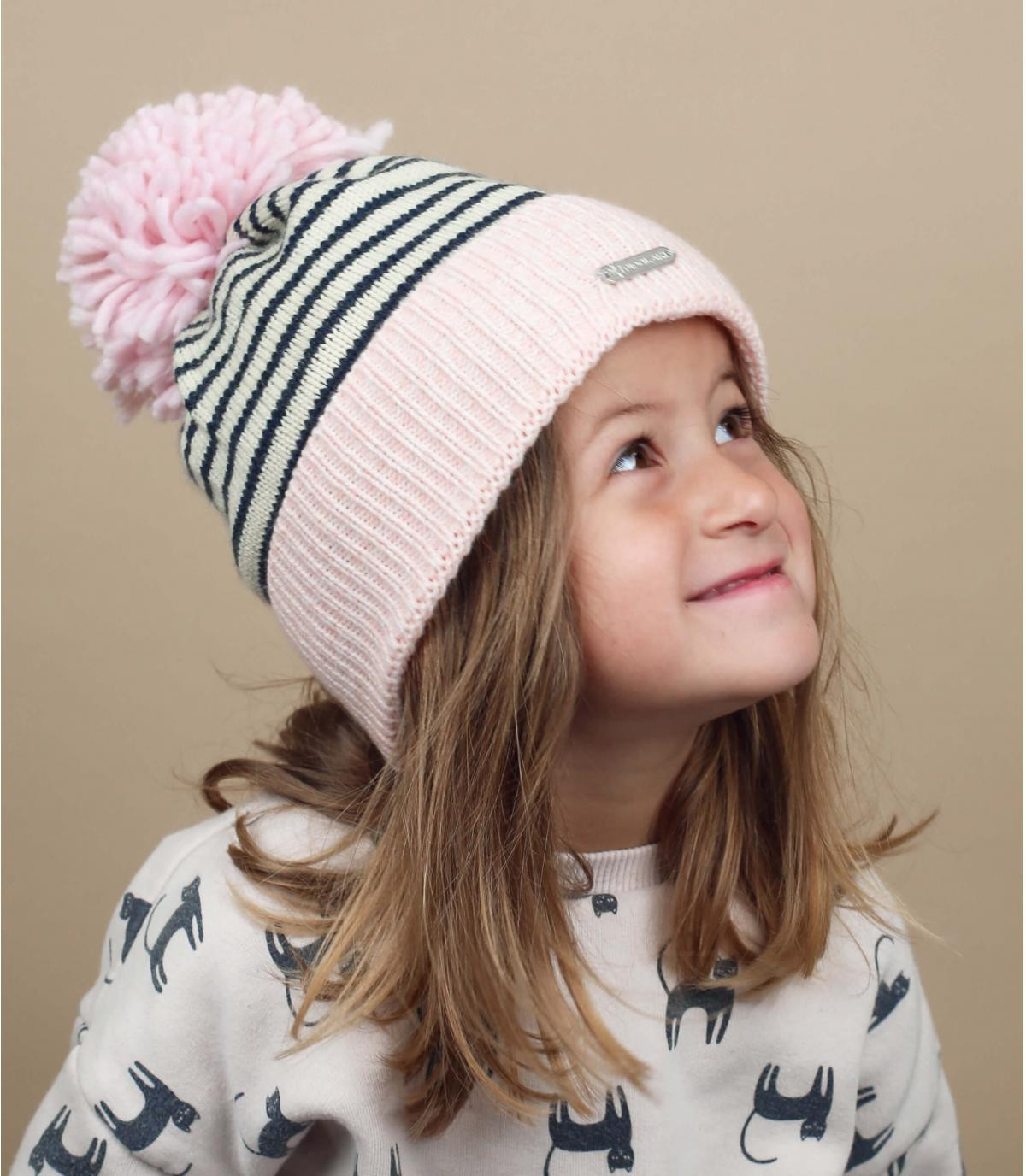 bonnet enfant rose pompon Tidou Kid ecru rose